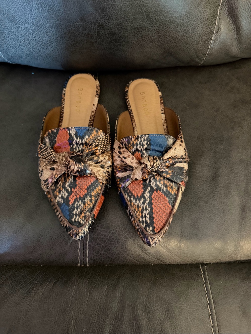 BAMBOO Pointed Knot-Front Mule in Blue, Orange, Black & Tan Snake Print